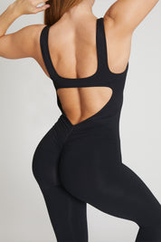 Tuta sportiva push-up con arricciatura con tecnologia FIR Jumpsuit Lunga Clio Spalla Larga Nero - FGM04 - ABBIGLIAMENTO - fgm04