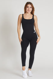 Tuta sportiva push-up con arricciatura con tecnologia FIR Jumpsuit Lunga Clio Spalla Larga Nero - FGM04 - ABBIGLIAMENTO - fgm04