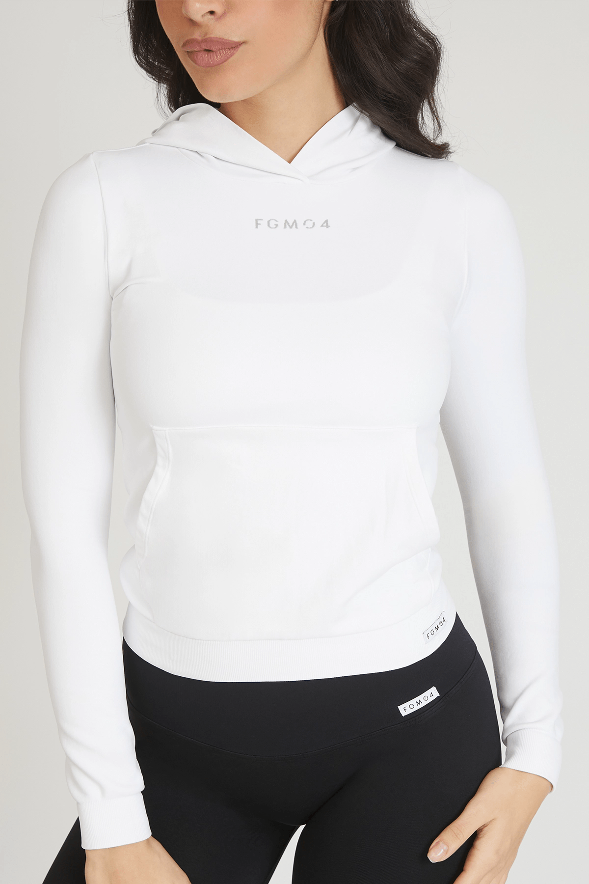 Felpa sportiva tecnica donna Manica Lunga con tasca frontale Slim Con Cappuccio Bianco - FGM04 - Maglie e Top - fgm04