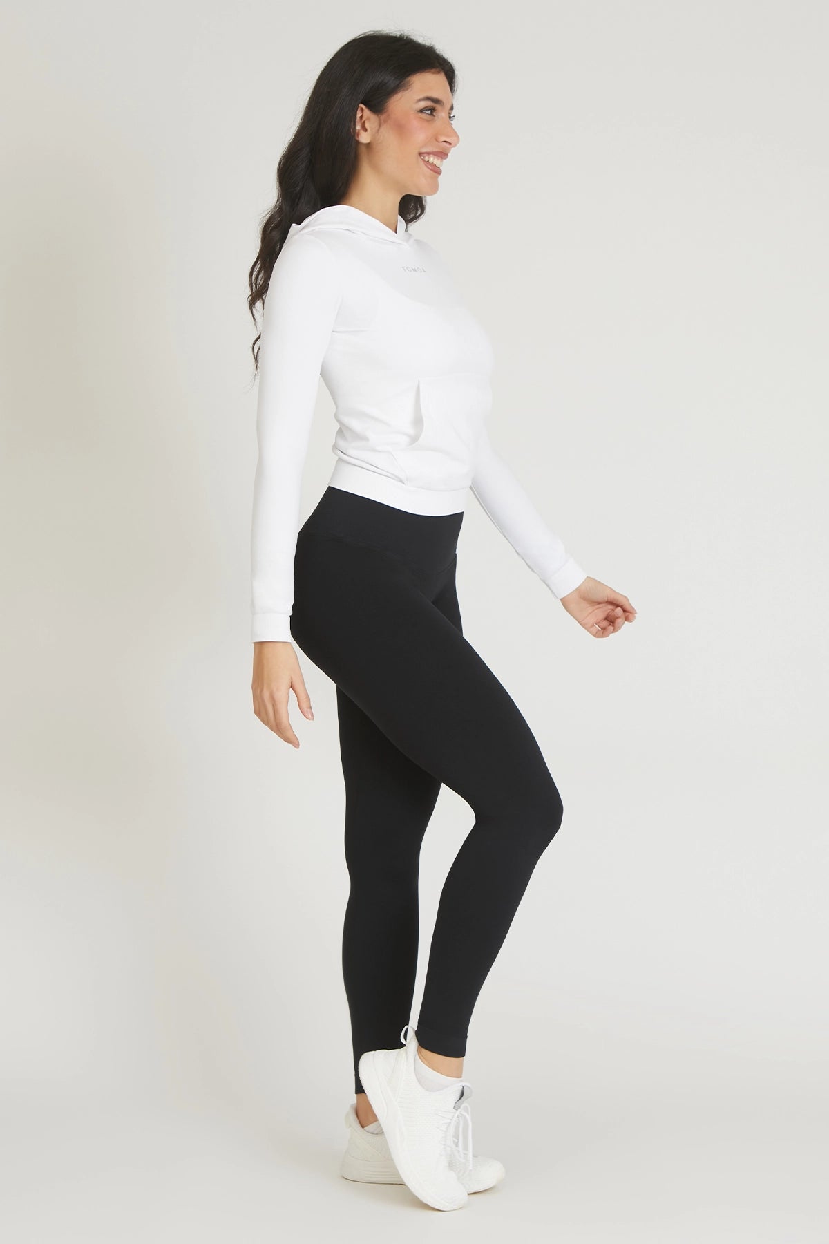 Felpa sportiva tecnica donna Manica Lunga con tasca frontale Slim Con Cappuccio Bianco - FGM04 - Maglie e Top - fgm04