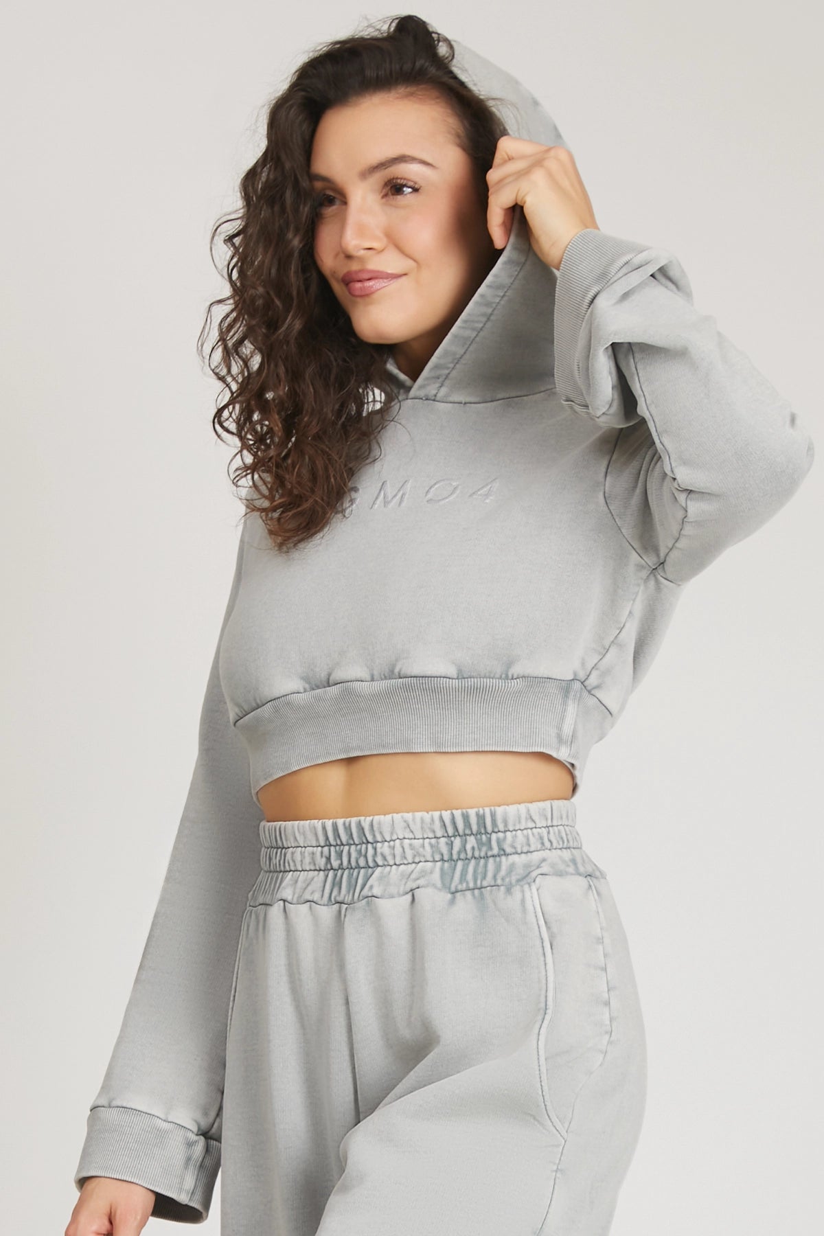 tuta sportiva in cotone cropped stone washed Felpa Crop Cappuccio Donna Grigio Moonstone - FGM04 - Linea Ikonic - fgm04