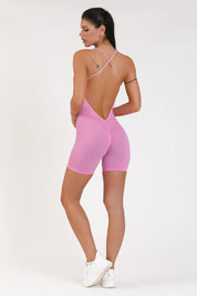 Tuta sportiva push-up con arricciatura con tecnologia FIR Jumpsuit Corta Teti Bretelline Rosa Fiji Flower - FGM04 - ABBIGLIAMENTO - fgm04