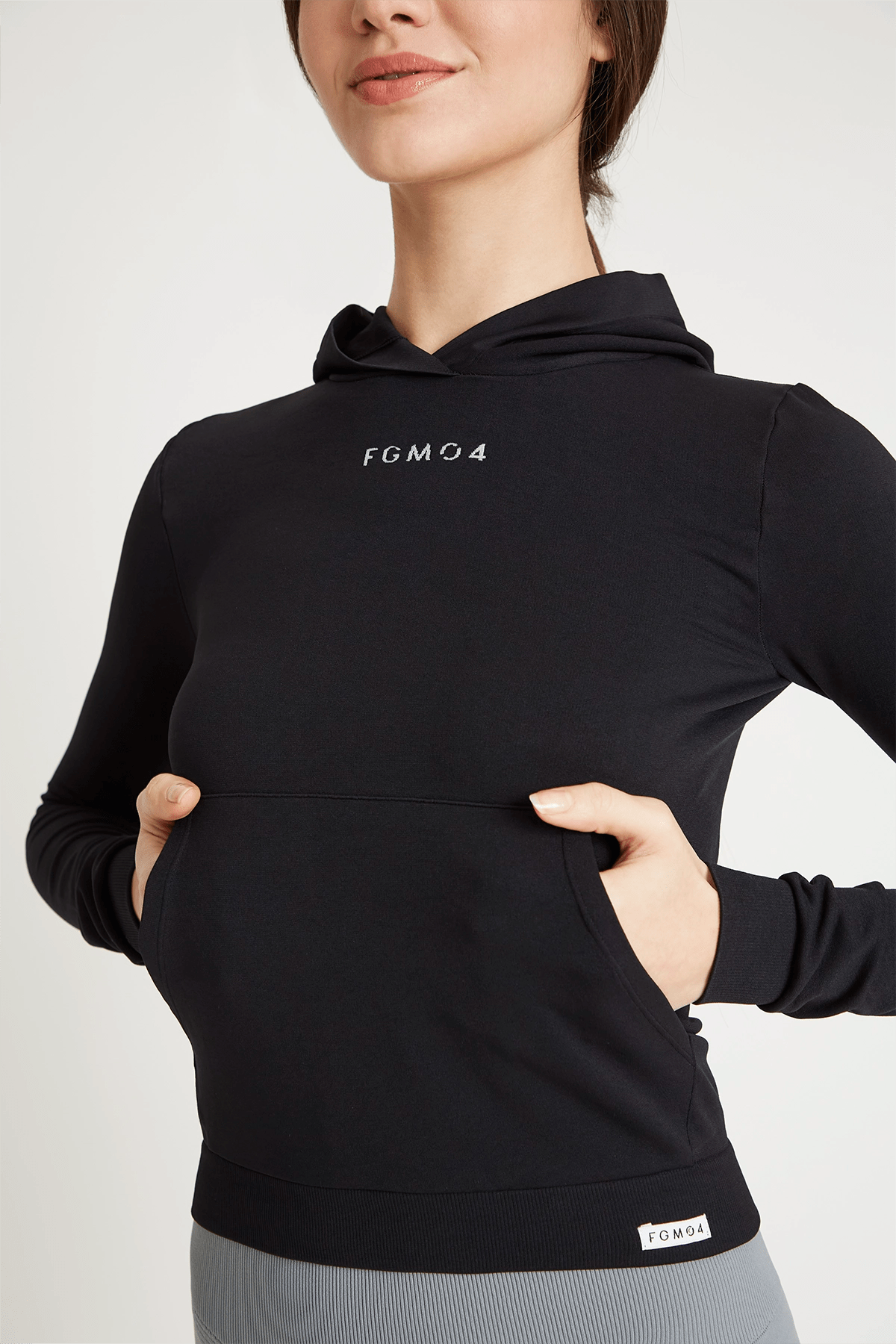Felpa sportiva tecnica donna Manica Lunga con tasca frontale Maglia Slim Con Cappuccio Nero - FGM04 - Maglie e Top - fgm04
