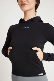 Felpa sportiva tecnica donna Manica Lunga con tasca frontale Maglia Slim Con Cappuccio Nero - FGM04 - Maglie e Top - fgm04