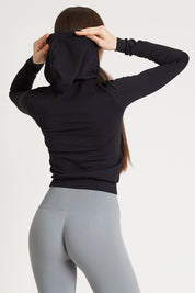 Felpa sportiva tecnica donna Manica Lunga con tasca frontale Maglia Slim Con Cappuccio Nero - FGM04 - Maglie e Top - fgm04
