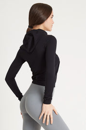 Felpa sportiva tecnica donna Manica Lunga con tasca frontale Maglia Slim Con Cappuccio Nero - FGM04 - Maglie e Top - fgm04