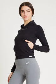 Felpa sportiva tecnica donna Manica Lunga con tasca frontale Maglia Slim Con Cappuccio Nero - FGM04 - Maglie e Top - fgm04