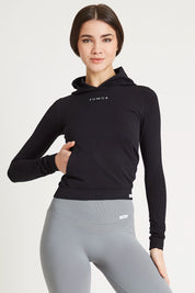 Felpa sportiva tecnica donna Manica Lunga con tasca frontale Maglia Slim Con Cappuccio Nero - FGM04 - Maglie e Top - fgm04