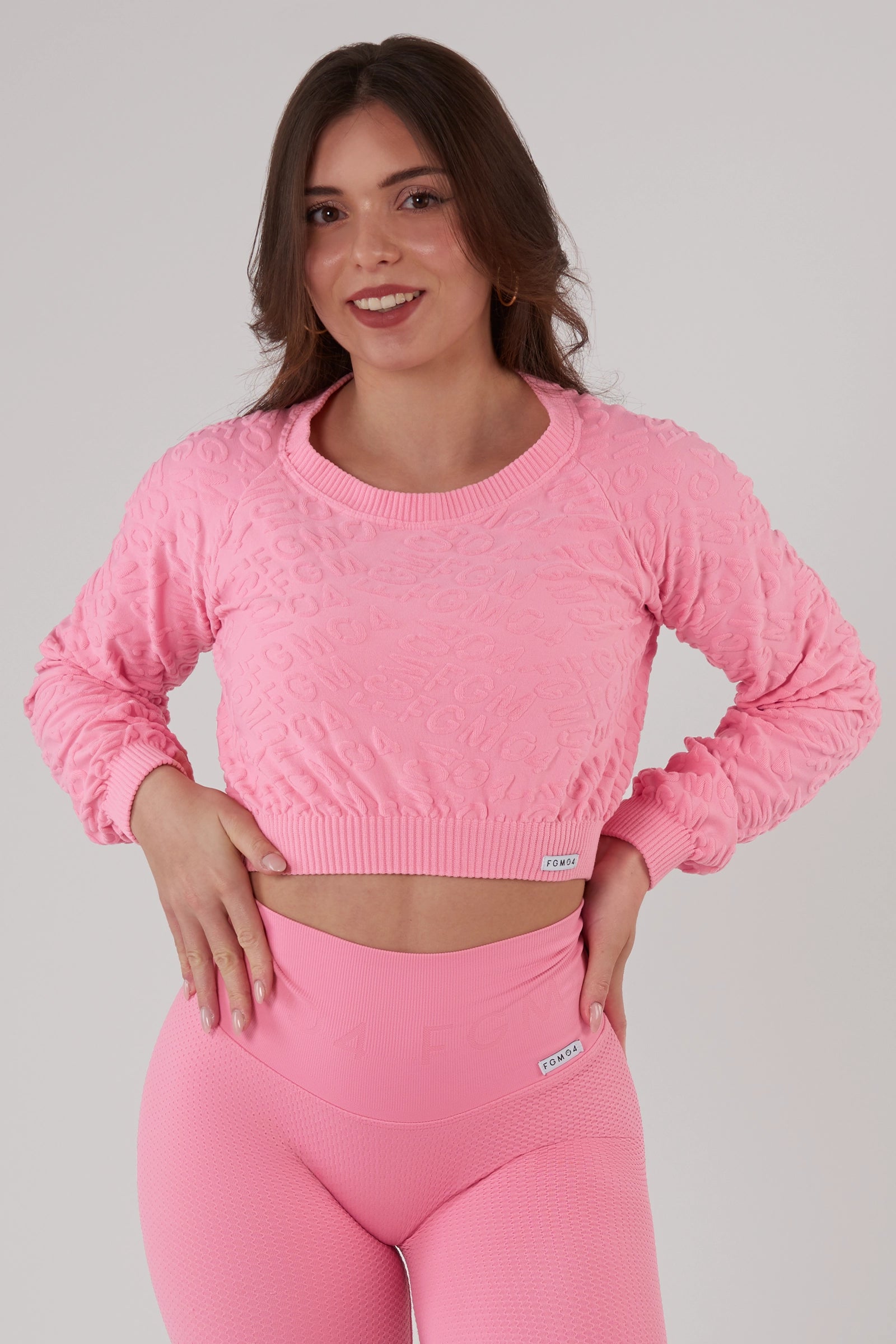 Felpa sportiva cropped seamless con maniche lunghe e logo a rilievo Candy Bubble Pop Plumeria - fgm04 - Maglie e Top - fgm04