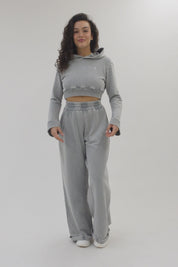 tuta sportiva in cotone cropped stone washed felpa cappuccio