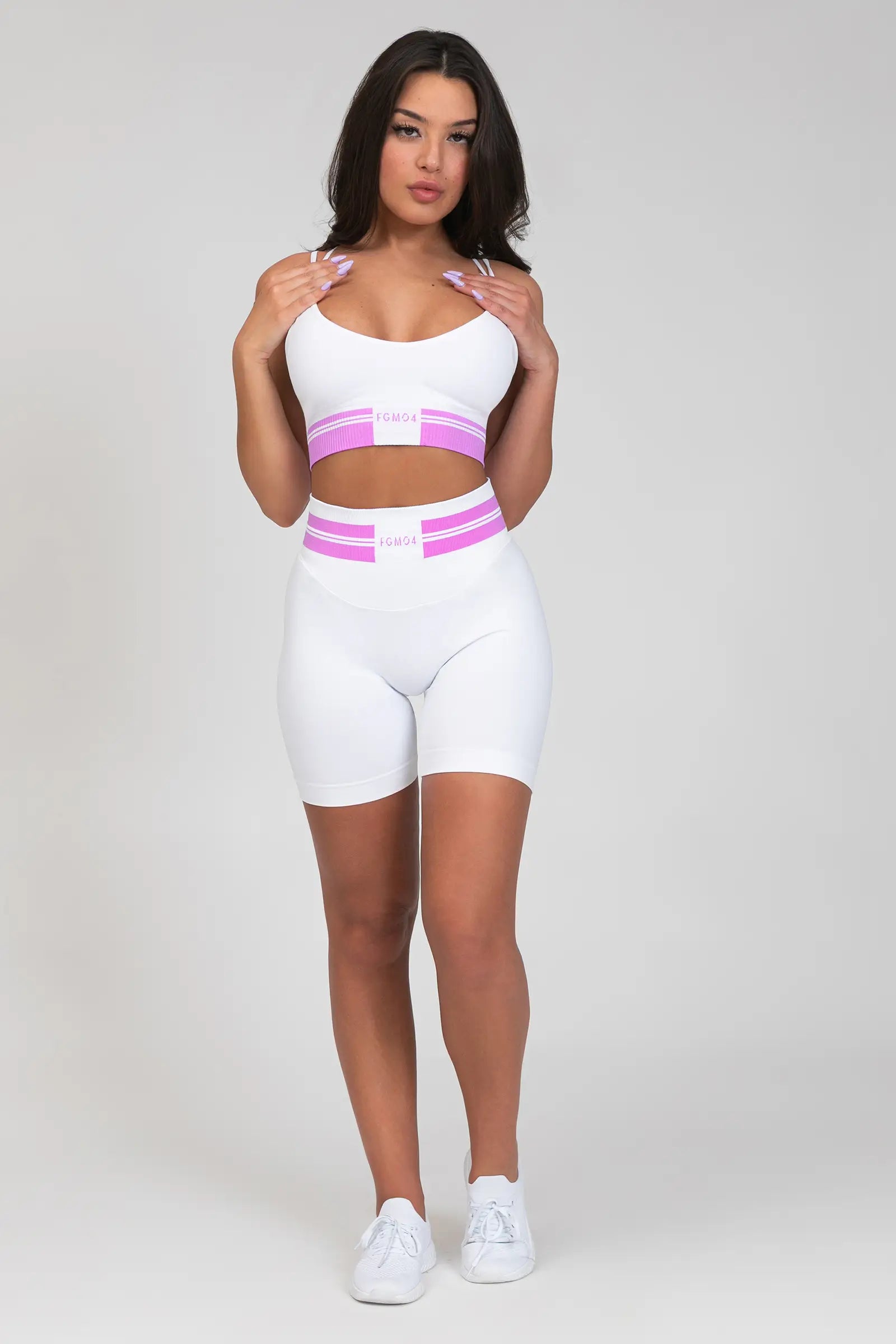 Shorts sportivi con tecnologia FIR push up con arricciatura Ikona Bianco e Rosa Ortensia - FGM04 - LEGGINGS ANTICELLULITE - fgm04