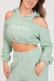 tuta sportiva in cotone oversize cropped Felpa Crop Spalle Scoperte Jasmine Donna Verde Menta - FGM04 - Linea Ikonic - fgm04