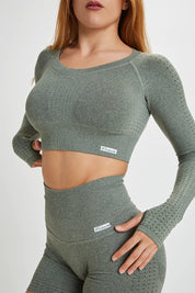 Maglia sportiva cropped seamless mélange con maniche lunghe Bolero Eldorado Verde oliva Ecofir - FGM04 - Maglie e Top - fgm04