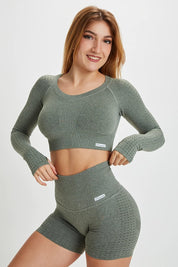 Maglia sportiva cropped seamless mélange con maniche lunghe Bolero Eldorado Verde oliva Ecofir - FGM04 - Maglie e Top - fgm04