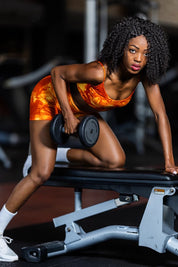 Shorts sportivi con tecnologia FIR push up con arricciatura Tie-die batik Elements Fuoco Giallo Arancione - FGM04 - LEGGINGS ANTICELLULITE - fgm04