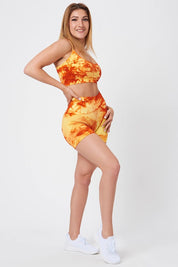 Shorts sportivi con tecnologia FIR push up con arricciatura Tie-die batik Elements Fuoco Giallo Arancione - FGM04 - LEGGINGS ANTICELLULITE - fgm04