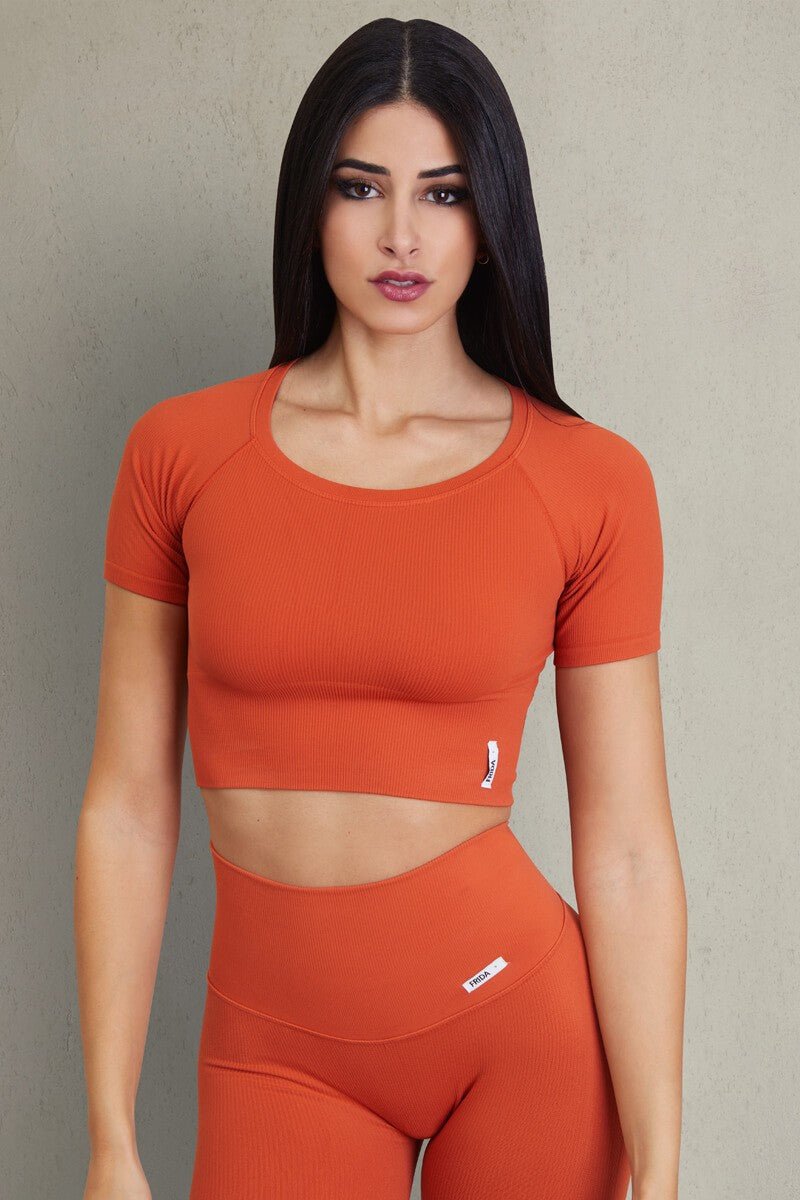 Maglia sportiva cropped seamless con maniche corte Bolero CALIPSO Mattone Costine - FGM04 - OFFERTE SPECIALI - fgm04