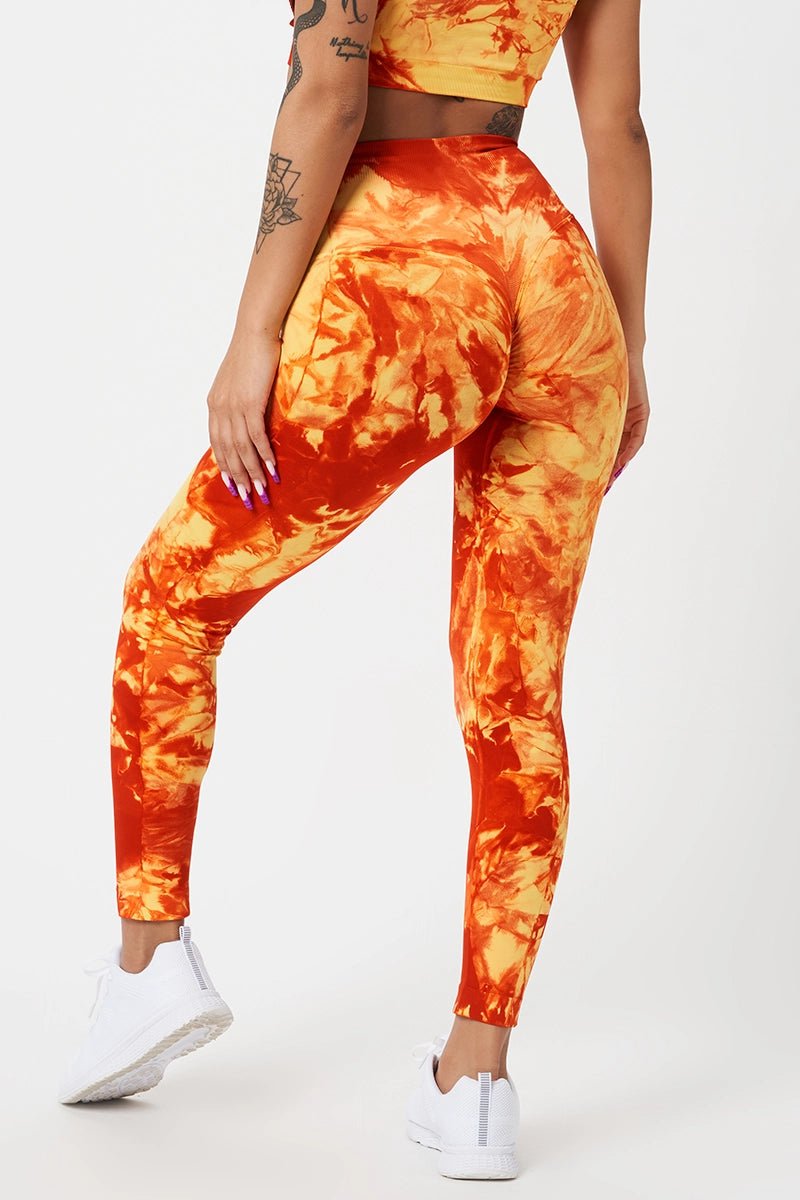 Leggings sportivi con tecnologia FIR push up con arricciatura Tie-die batik Elements Fuoco Giallo Arancione - FGM04 - LEGGINGS ANTICELLULITE - fgm04