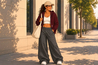 donna con felpa top e pantaloni barrel
