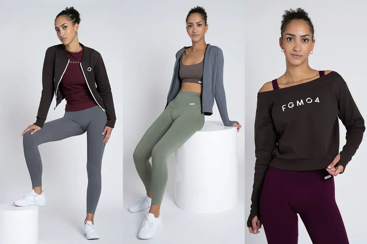 ragazza indossa leggings sportivi , top e felpe di cotone in colori autunnali