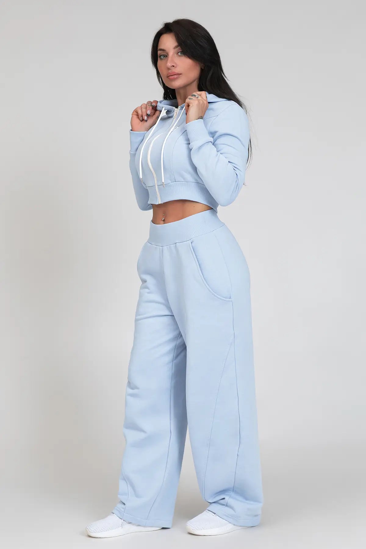 tuta sportiva in cotone cropped full zip Felpa Crop Con Cappuccio Ikonic SS 24 New Celeste - FGM04 - Linea Ikonic - fgm04