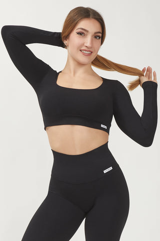 Maglia sportiva cropped seamless mélange con maniche lunghe Minimaglia Essence BambùFIR Nero - FGM04 - Maglie e Top - fgm04