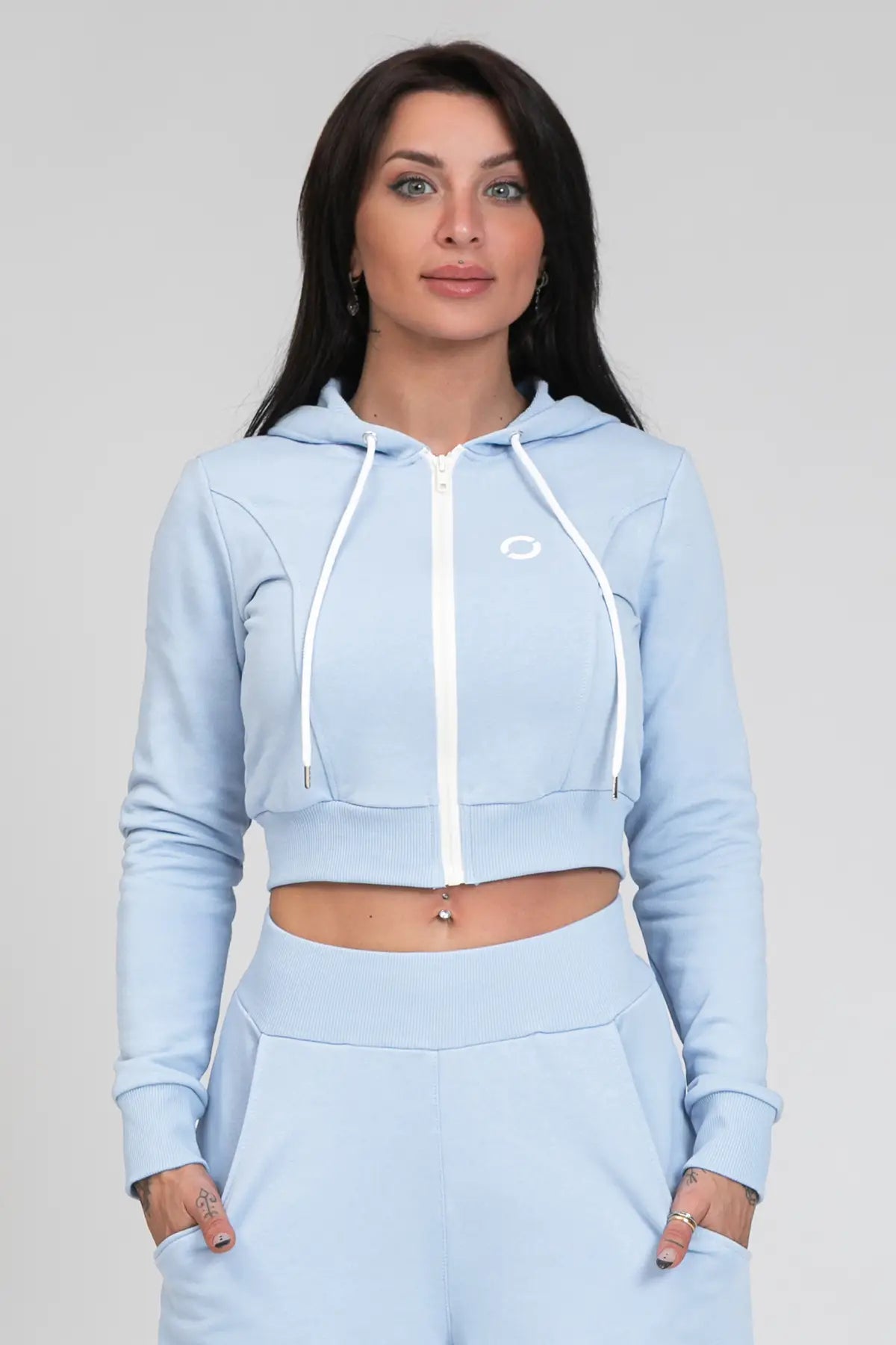 tuta sportiva in cotone cropped full zip Felpa Crop Con Cappuccio Ikonic SS 24 New Celeste - FGM04 - Linea Ikonic - fgm04