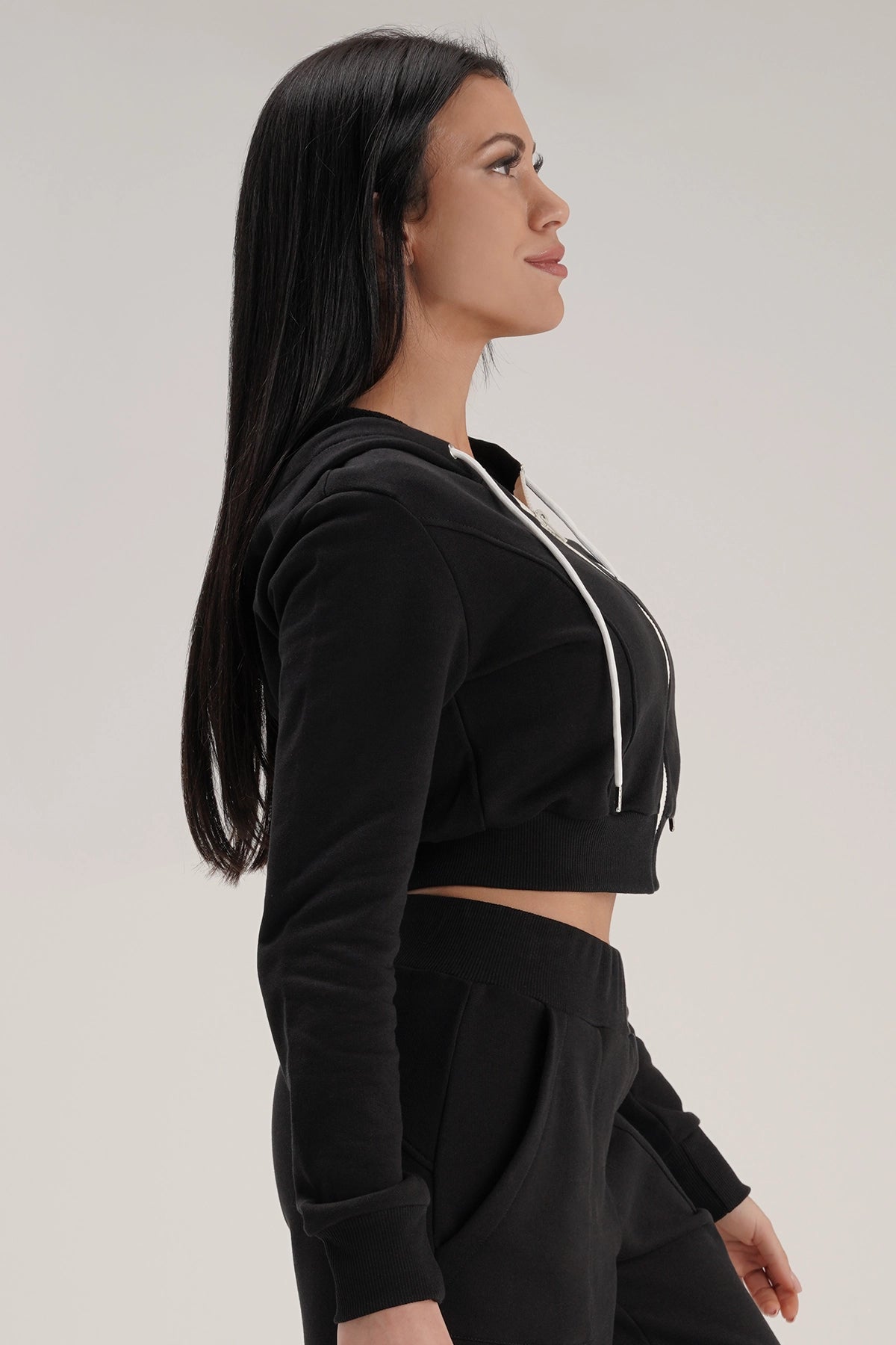 tuta sportiva in cotone cropped full zip Felpa Crop Con Cappuccio Ikonic FW 24/25 Nero - FGM04 - Linea Ikonic - fgm04