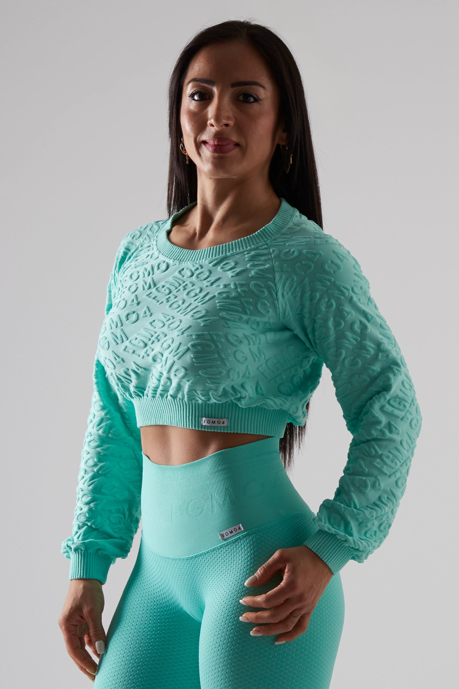 Felpa sportiva cropped seamless con maniche lunghe e logo a rilievo Candy Bubble Pop Ice Green - fgm04 - Maglie e Top - fgm04