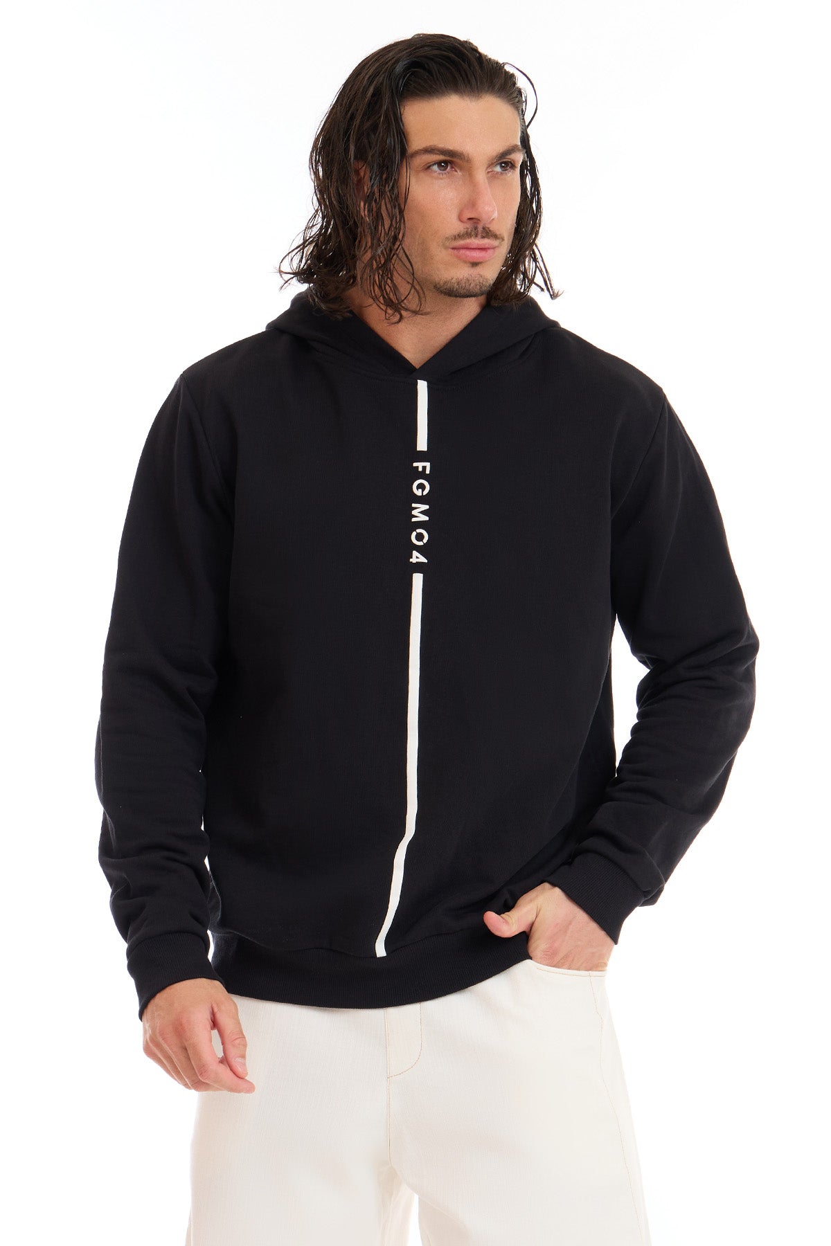 Felpa Over Ikonic Con Cappuccio Stripe Uomo Nero - FGM04 - Linea Ikonic Uomo - fgm04