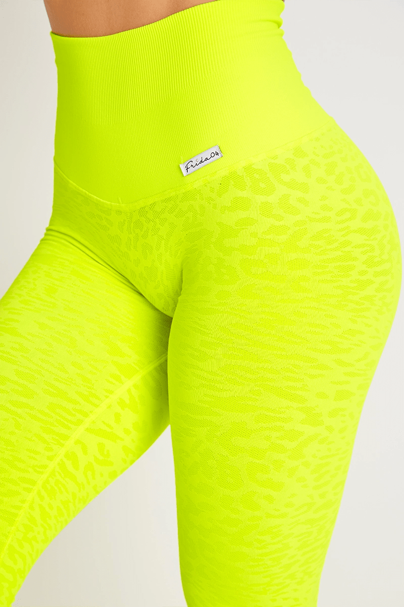Leggings sportivi con tecnologia FIR push up con arricciatura animalier Jungle Leopardo Giallo Fluo - FGM04 - LEGGINGS ANTICELLULITE - fgm04