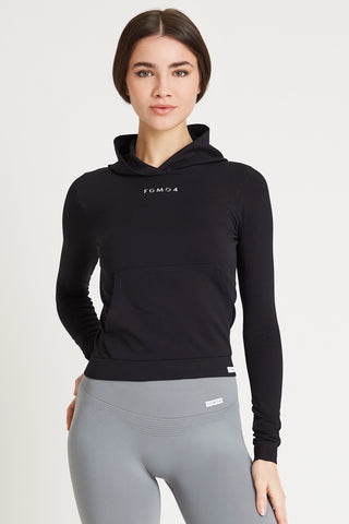 Felpa sportiva tecnica donna Manica Lunga con tasca frontale Maglia Slim Con Cappuccio Nero - FGM04 - Maglie e Top - fgm04