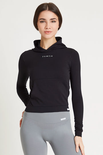 Felpa sportiva tecnica donna Manica Lunga con tasca frontale Maglia Slim Con Cappuccio Nero - FGM04 - Maglie e Top - fgm04
