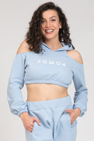 tuta sportiva in cotone oversize cropped Felpa Crop Spalle Scoperte Jasmine Donna New Celeste - FGM04 - Linea Ikonic - fgm04