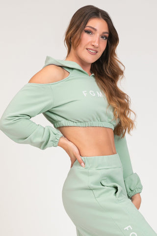 tuta sportiva in cotone oversize cropped Felpa Crop Spalle Scoperte Jasmine Donna Verde Menta - FGM04 - Linea Ikonic - fgm04