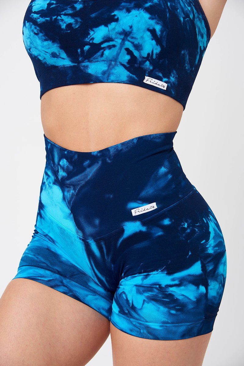 Shorts sportivi con tecnologia FIR push up con arricciatura Tie-die batik Elements Acqua Turchese Blu - FGM04 - LEGGINGS ANTICELLULITE - fgm04