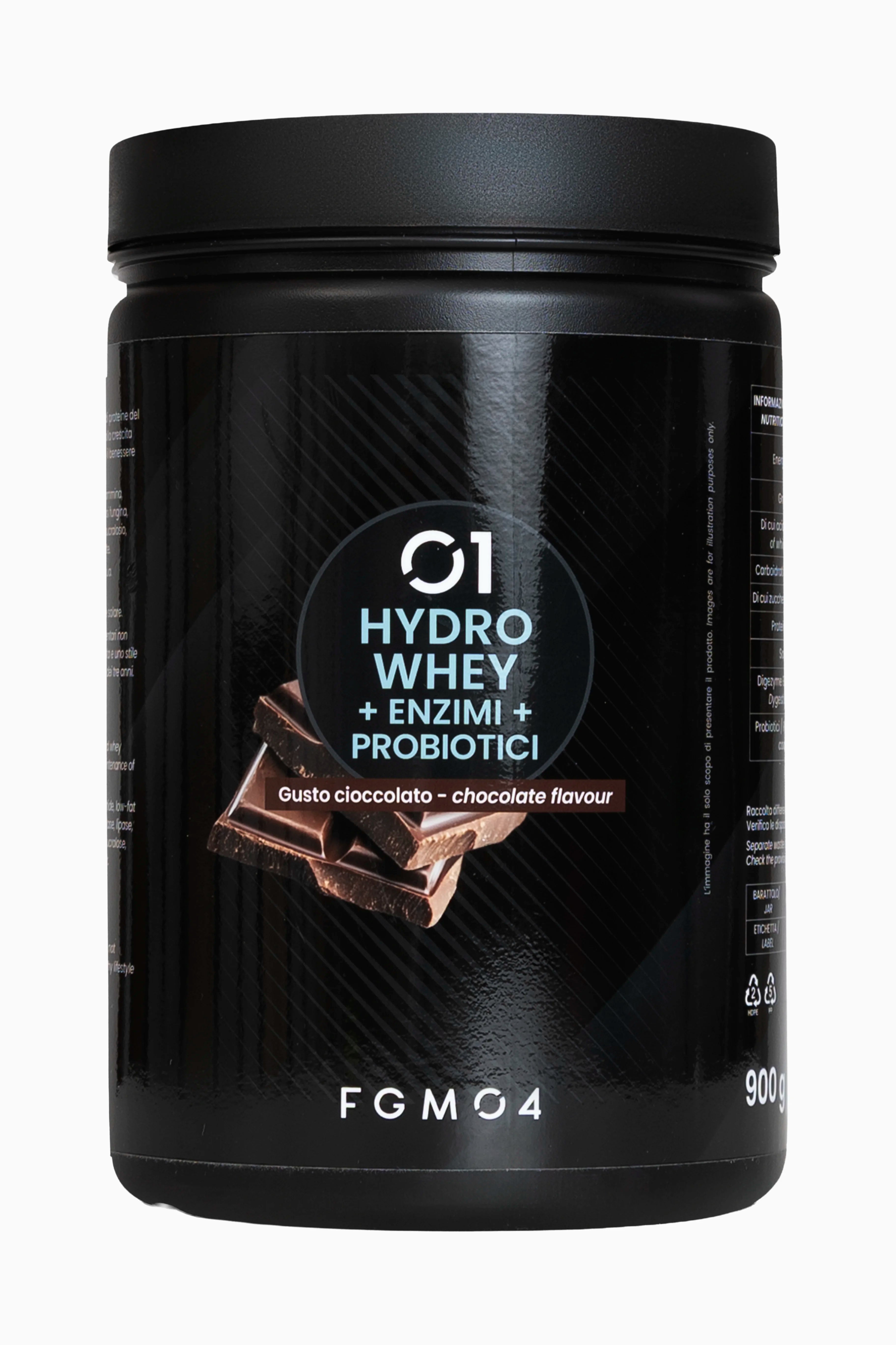 01 HYDRO WHEY + ENZIMI + PROBIOTICI GUSTO CIOCCOLATO 900 g - FGM04
