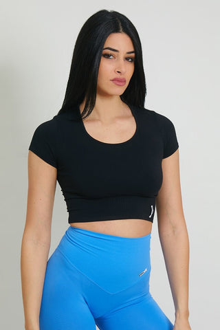 Maglia sportiva cropped seamless con maniche corte T-Shirt Crop Top Nero - FGM04 - Maglie e Top - fgm04
