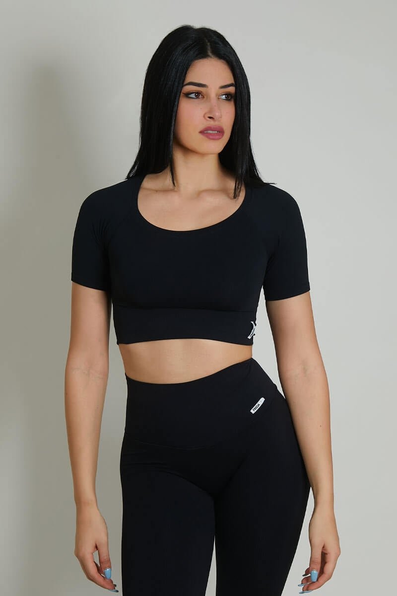 Maglia sportiva cropped seamless con maniche corte Bolero CALIPSO Nero Costine - FGM04 - Maglie e Top - fgm04
