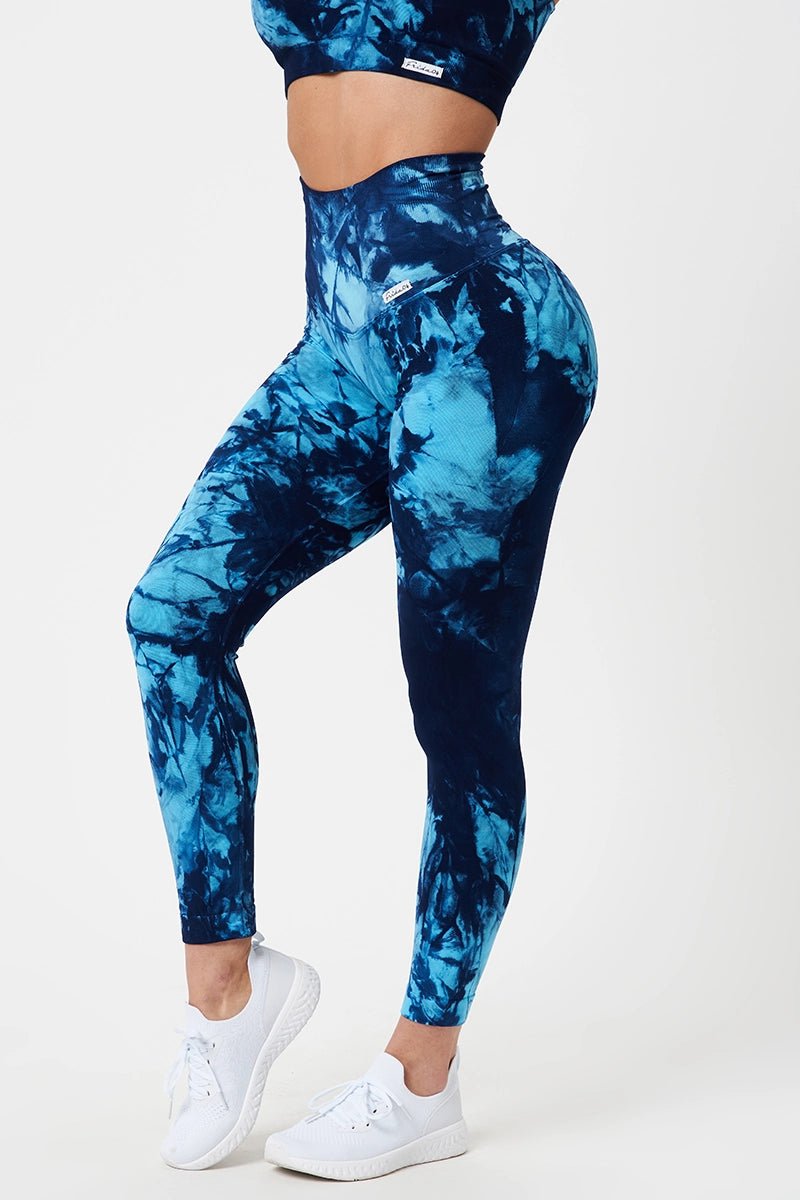 Leggings sportivi con tecnologia FIR push up con arricciatura Tie-die batik Elements Acqua Turchese Blu - FGM04 - LEGGINGS ANTICELLULITE - fgm04