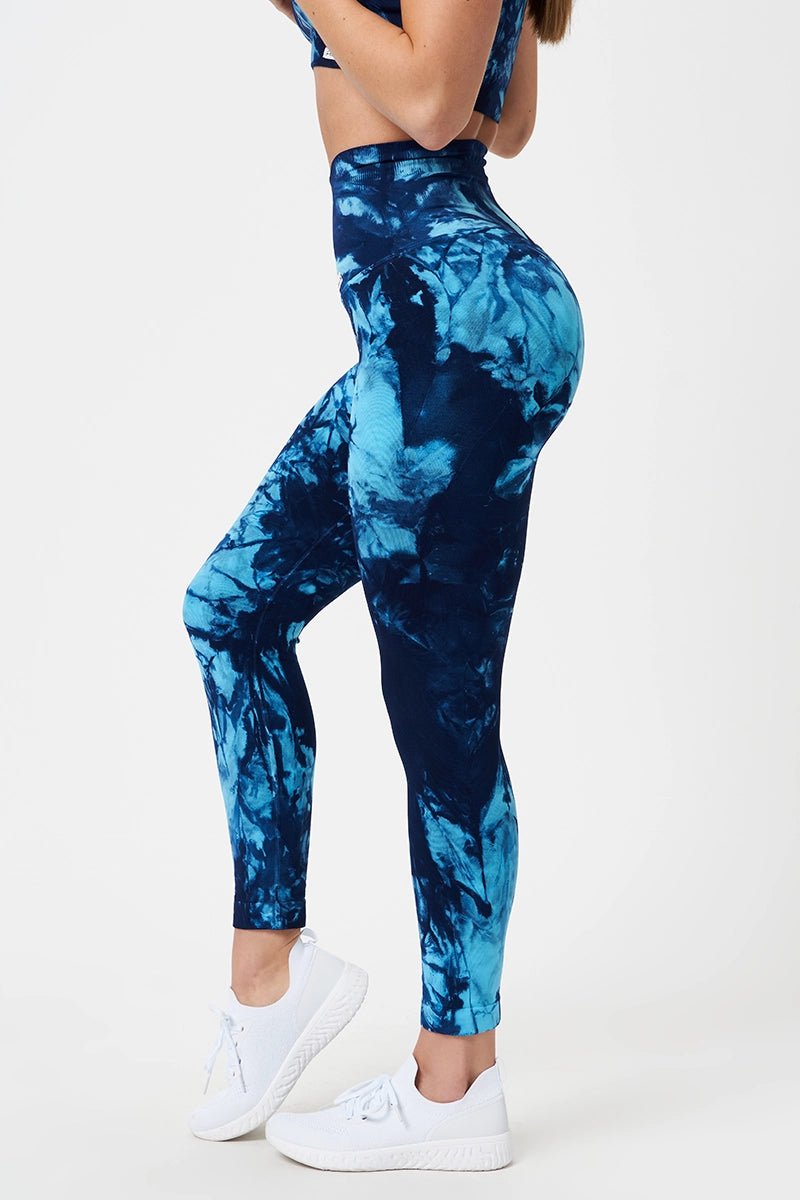 Leggings sportivi con tecnologia FIR push up con arricciatura Tie-die batik Elements Acqua Turchese Blu - FGM04 - LEGGINGS ANTICELLULITE - fgm04