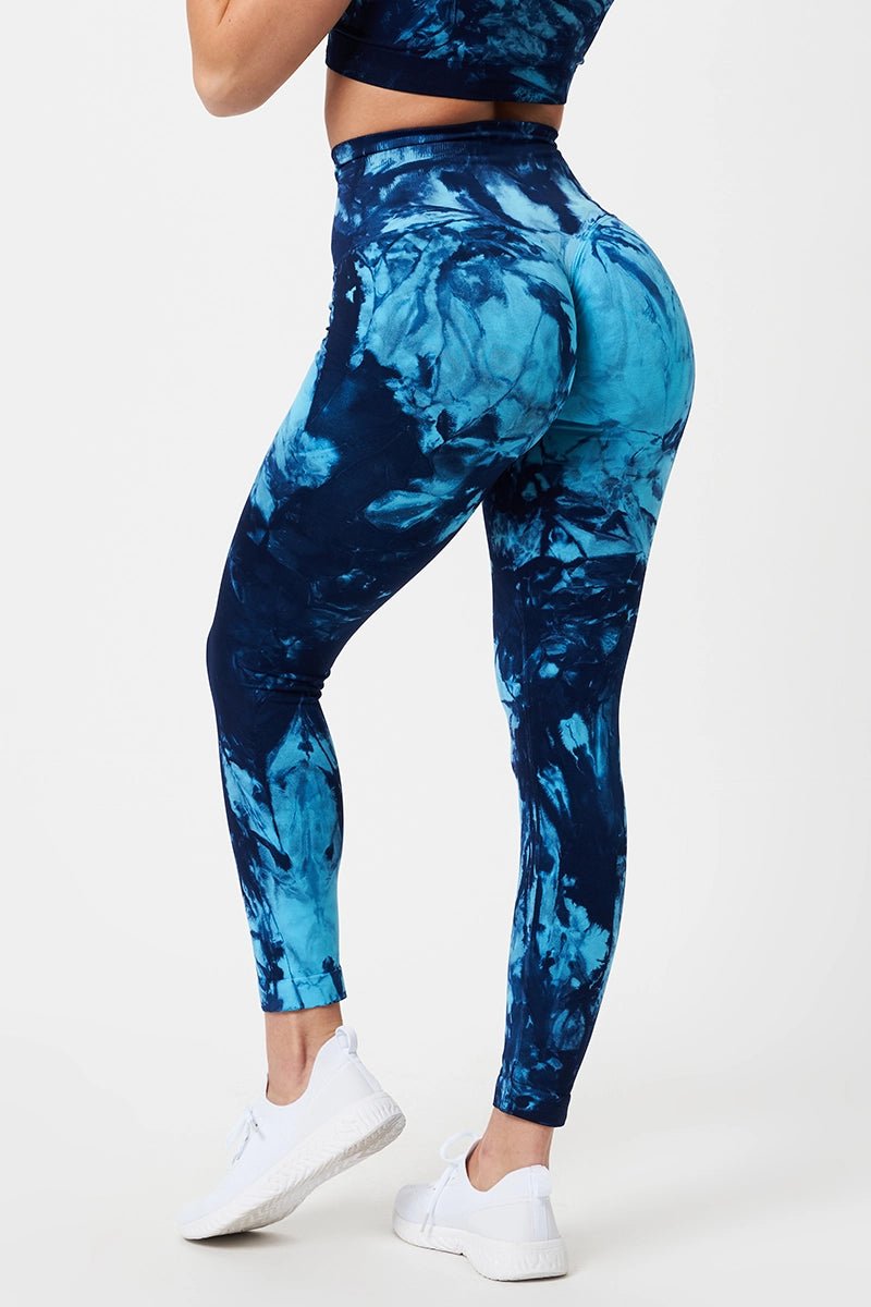 Leggings sportivi con tecnologia FIR push up con arricciatura Tie-die batik Elements Acqua Turchese Blu - FGM04 - LEGGINGS ANTICELLULITE - fgm04