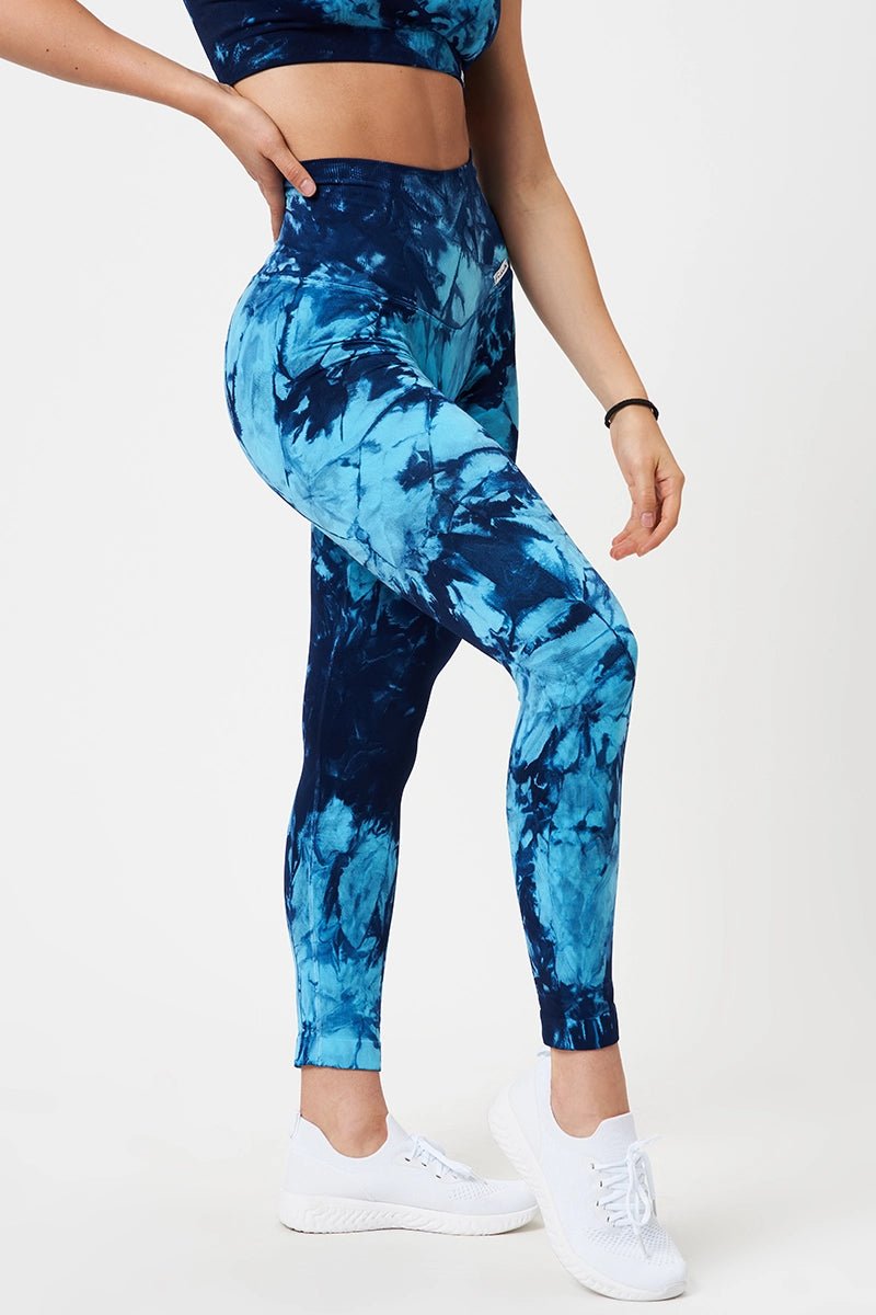 Leggings sportivi con tecnologia FIR push up con arricciatura Tie-die batik Elements Acqua Turchese Blu - FGM04 - LEGGINGS ANTICELLULITE - fgm04