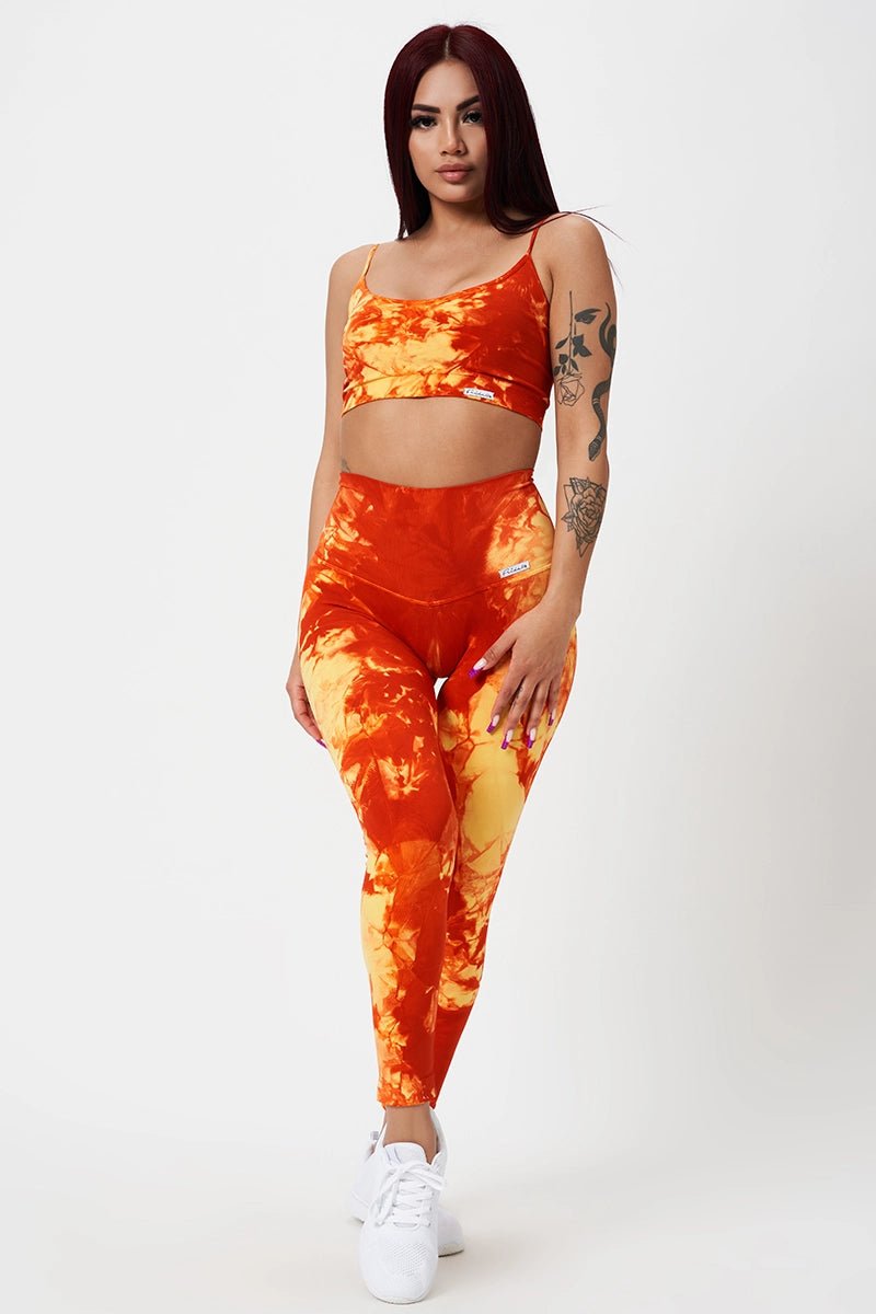 Leggings sportivi con tecnologia FIR push up con arricciatura Tie-die batik Elements Fuoco Giallo Arancione - FGM04 - LEGGINGS ANTICELLULITE - fgm04